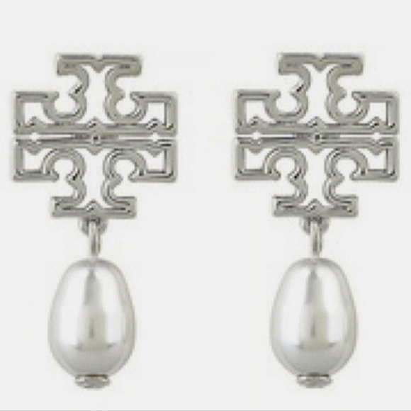 Tory Burch Jewelry - NWOT Authentic Tory Burch Britton Logo Silver White Pearl Drop Earrings🤍